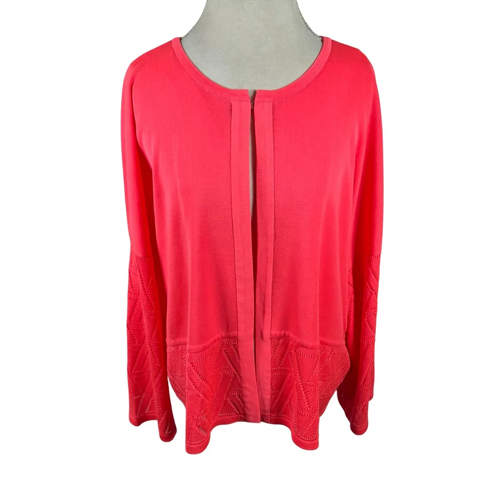 Misook Coral Pink Cardigan Diamond Cut-out Accents Boxy Artsy Chic Size XL